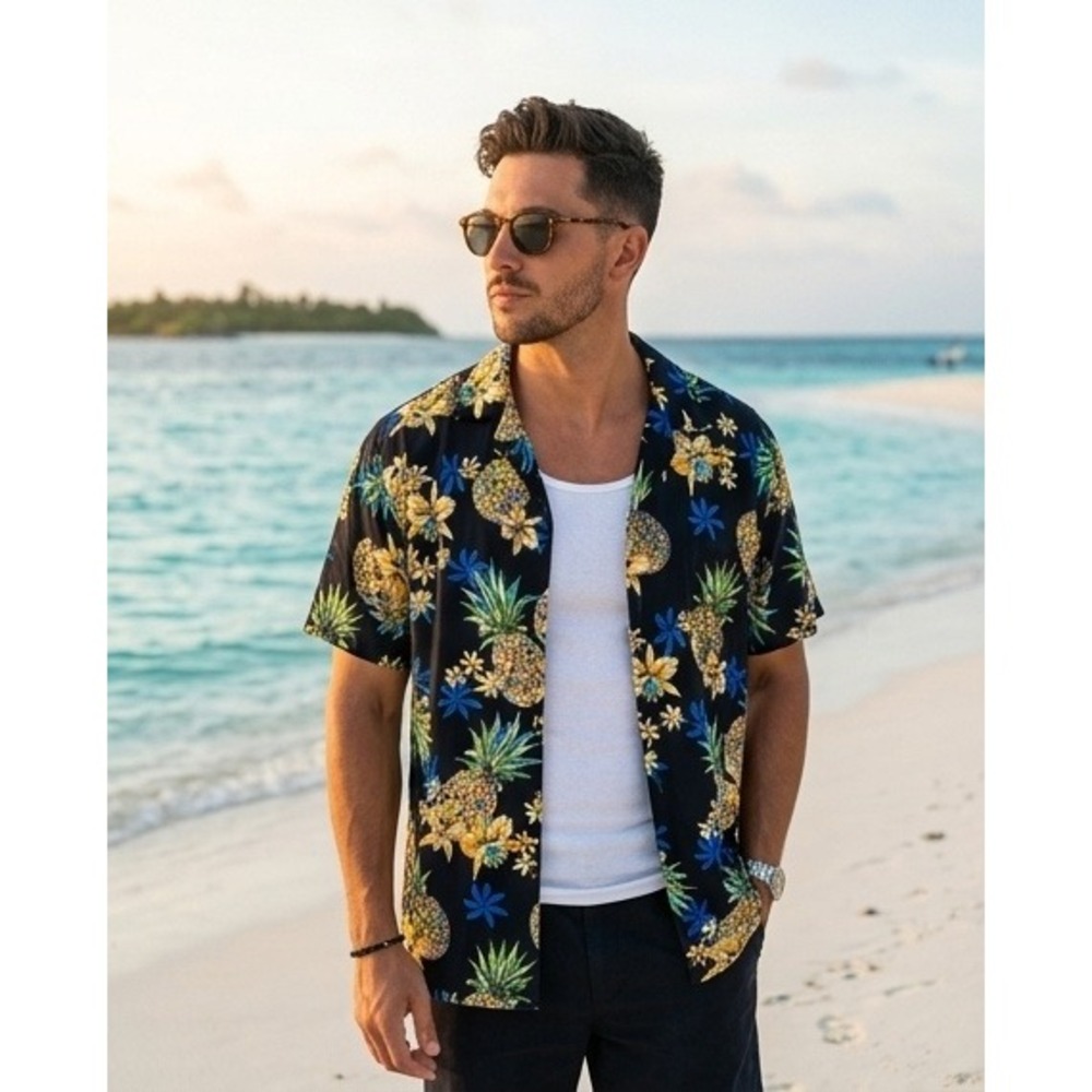 Two Palms Mens L Hawaiian Shirt Black Pineapple Floral Rayon Made in Hawaii Y2K